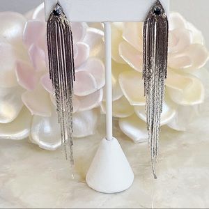 Silver Tone Faux Black Sapphire Fringe Party Earrings